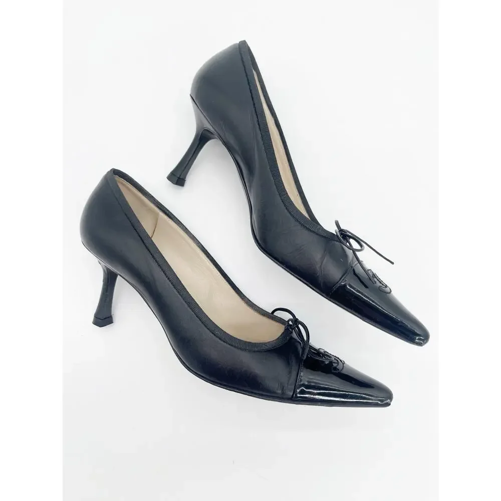 Chanel Vintage Black Leather Patent Cap Toe CC Bow Pointed Toe Pumps Heels EU 36